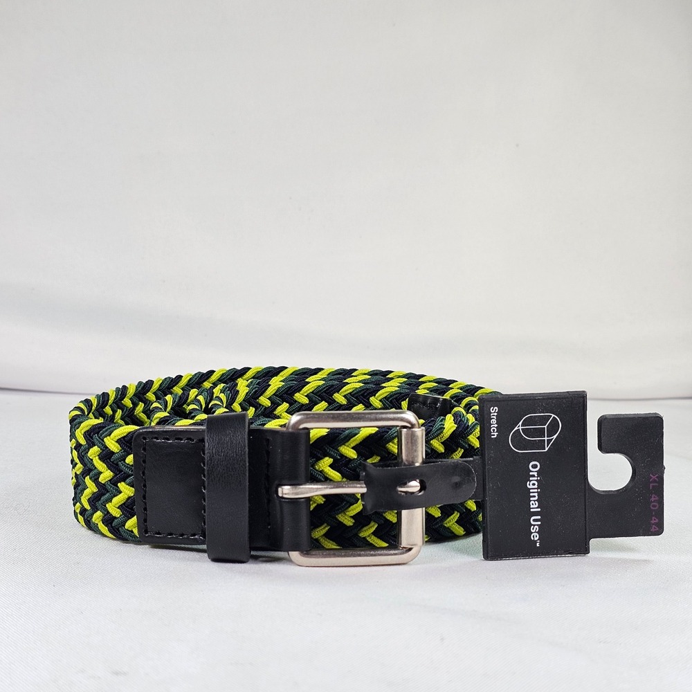 Original Use Mens Braided Stretch Belt XL 40-44 Black Green Yellow Woven Buckle